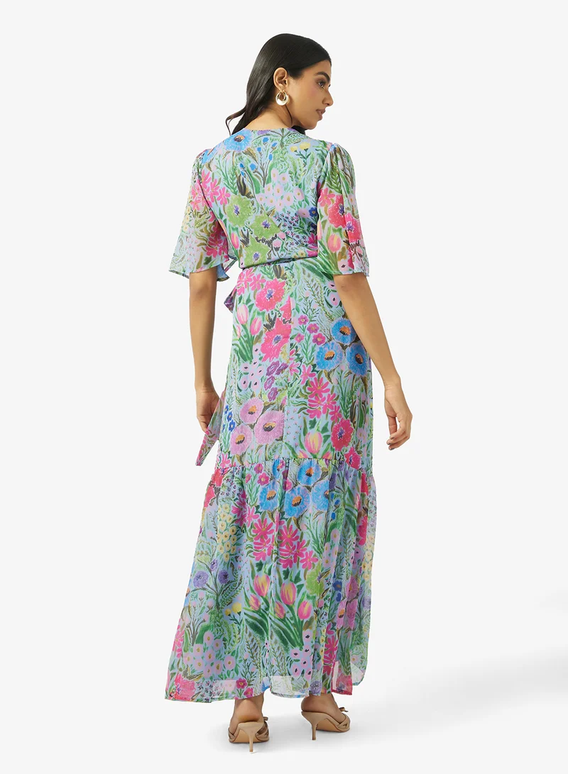 Hope & Ivy Flutter Sleeve Maxi Wrap Dress With Tie Waist